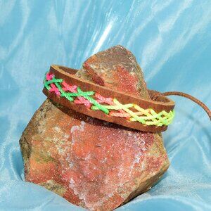 Caz Punch Womens Cross Stitch Leather Bracelet Green Pink Yellow Gift Packaged